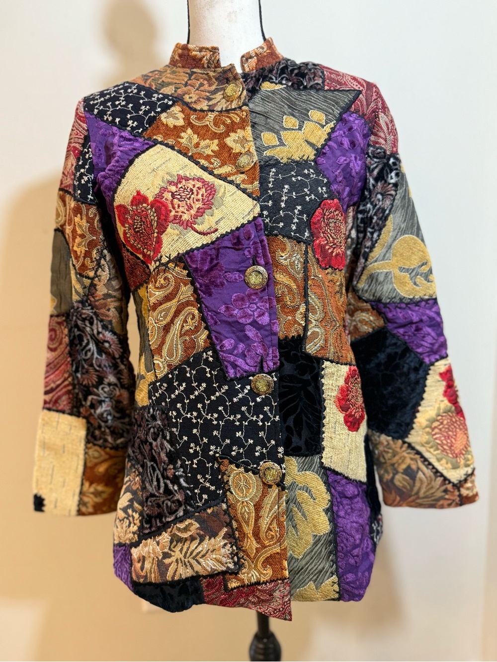 Indigo Moon vintage silk velvet blend patchwork embroidered floral jacket XS